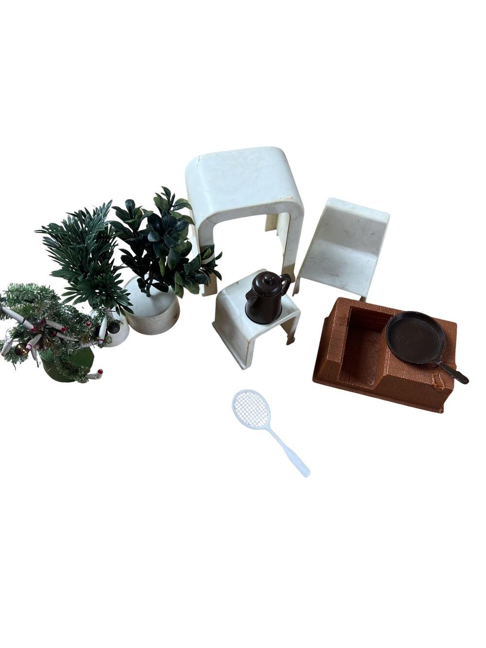 Dollhouse Miniature Accessories Lot Plants Chairs Stools Pot Pan Racket